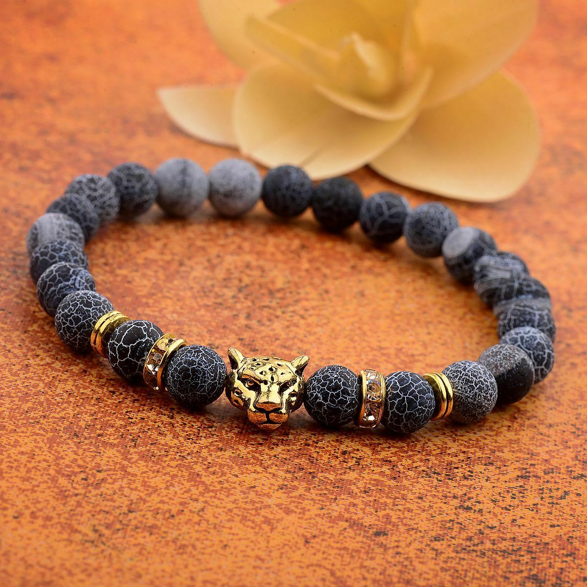 Fashion Man Leopard Head Beaded Bracelets Lava Rock Stone Beads Energy Bracelets