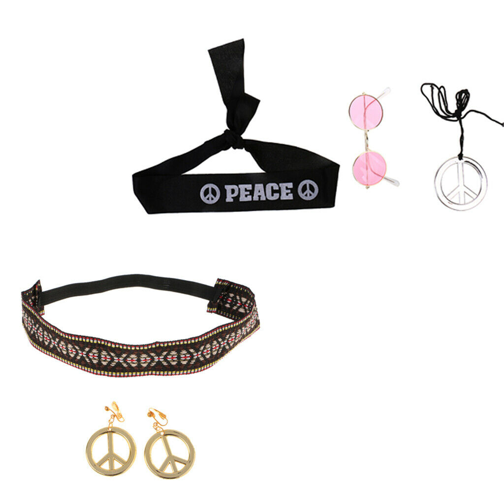 Hippie Costume Accessories Set for Women & Men - Pack of 5 Pieces - 60s 70s