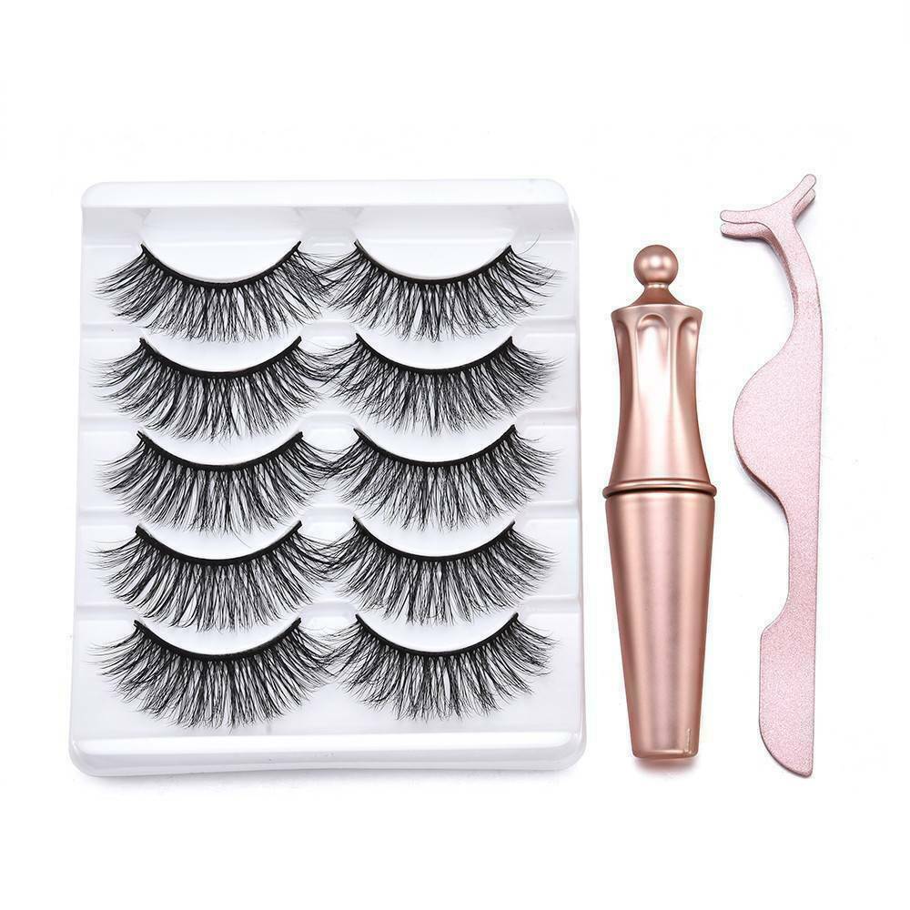 5 Pairs/Set Natural Magnetic False Eyelashes With Liquid Eyeliner Long Lasting !