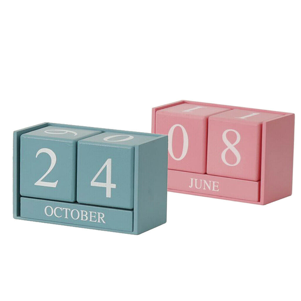 Wooden Perpetual Calendar Desktop Block Wood Calendar for Home Office Blue