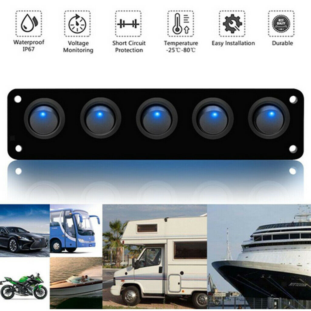 Marine Boat Rocker Switch Panel 5Gang Waterproof ON Off Toggle Switches