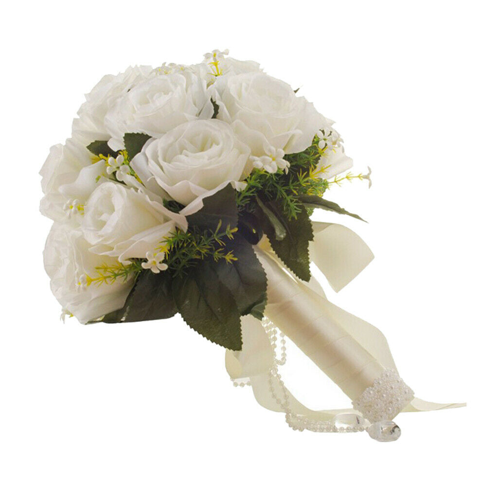 Artificial White Flowers Bride Holding Bouquet Party Pearls Hand Flower