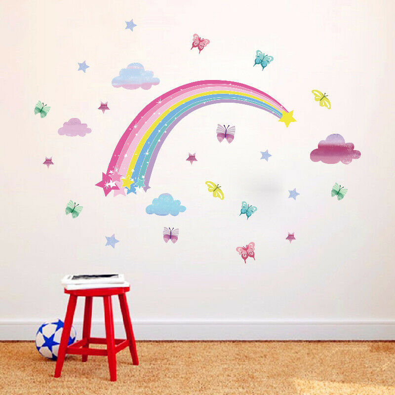 Pretty Shining Stars On Rainbow Cloud Butterflies Wall stickers Room Art .l8