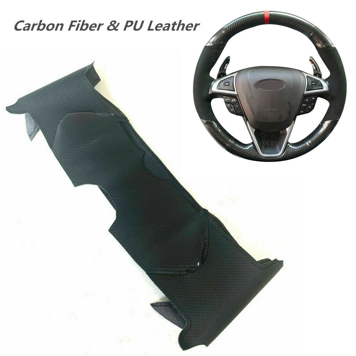 For Ford Fusion Carbon Fiber & PU Leather Steering Wheel Hand Sewing Wrap Cover
