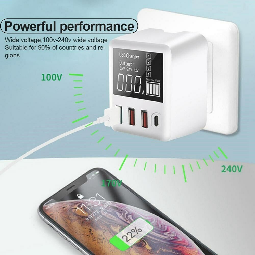 40W 4-Port Charging Hub QC 3.0 USB Port PD LED Display Wall Charger US Plug CA