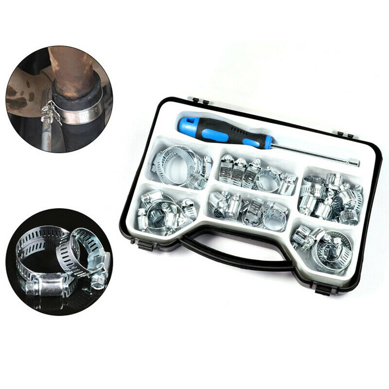40Pcs Hose Clamp Stainless Steel Single Ear Clip Rings 7-44mm w/Screw Driver Box
