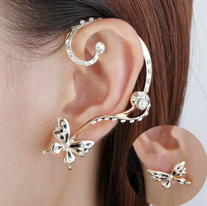 Fashion Women Butterfly Ear Cuff Clip Stud Crystal Rhinestone Earrings 1 pair hs
