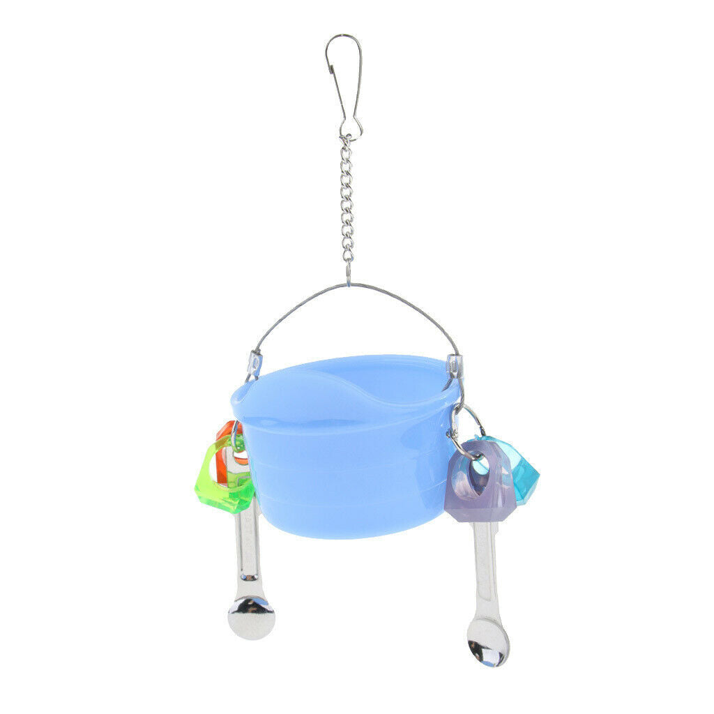Birds Parrots Stand Hanging Plastic Food Cup Holder Swing with 2 Spoons Blue