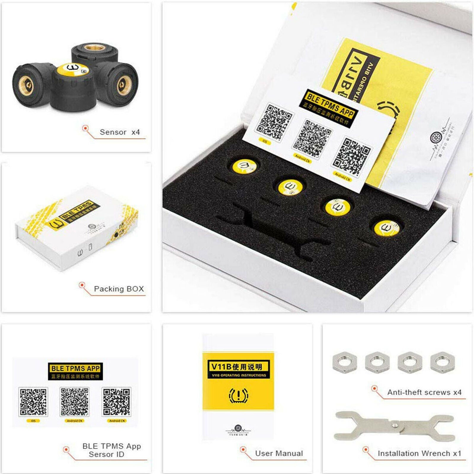 Car Bluetooth TPMS Monitor Alarm System For Andriod IOS Tire Pressure 4 Sensors