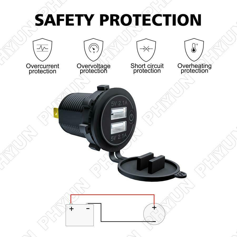 4.2A Car Motorcycle Dual USB Fast Charger w/ Wire & Terminal Touch Switch 12-24V