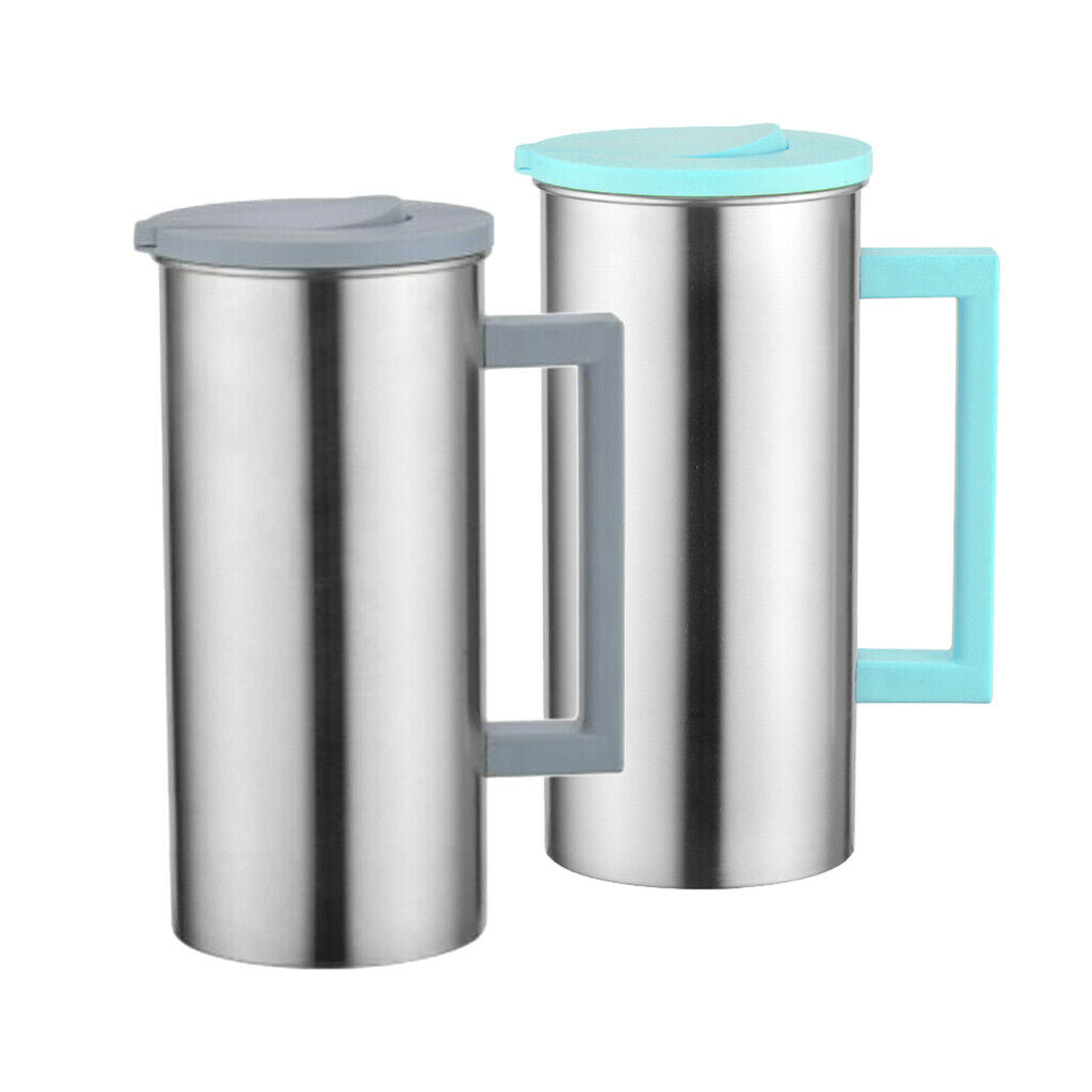 2 Pcs Stainless Steel 1.8L Water Pitcher Grey Juice Jar Kitchen Cafe Serving -