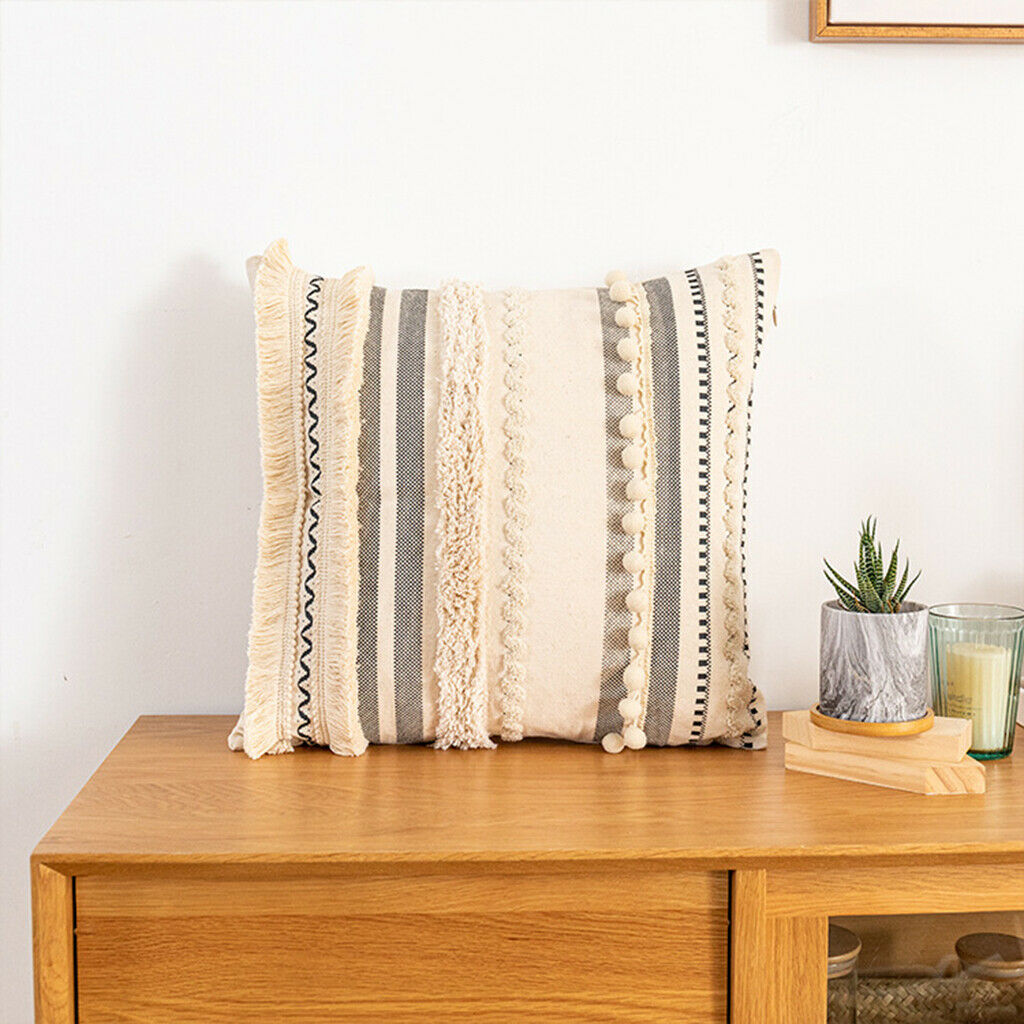 Moroccan Boho Throw Pillow Cover Square Woven Tufted Cushion Covers Beige