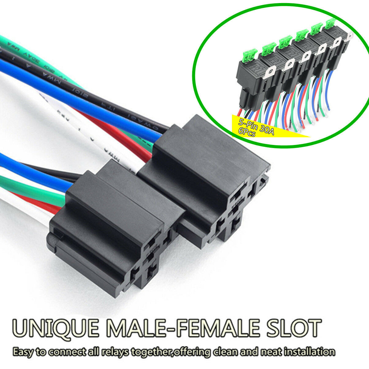 6pcs Car Relay Switch Harness Set 12V 5PIN SPDT 30AMP Fuse Holder 14AWG Hot Wire