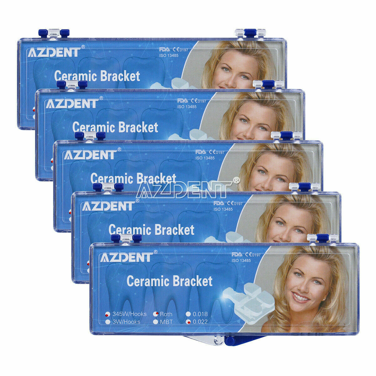 5Packs AZDENT Dental Ceramic Orthodontic Bracket 5*5 Roth 0.22 Braces Hooks 345