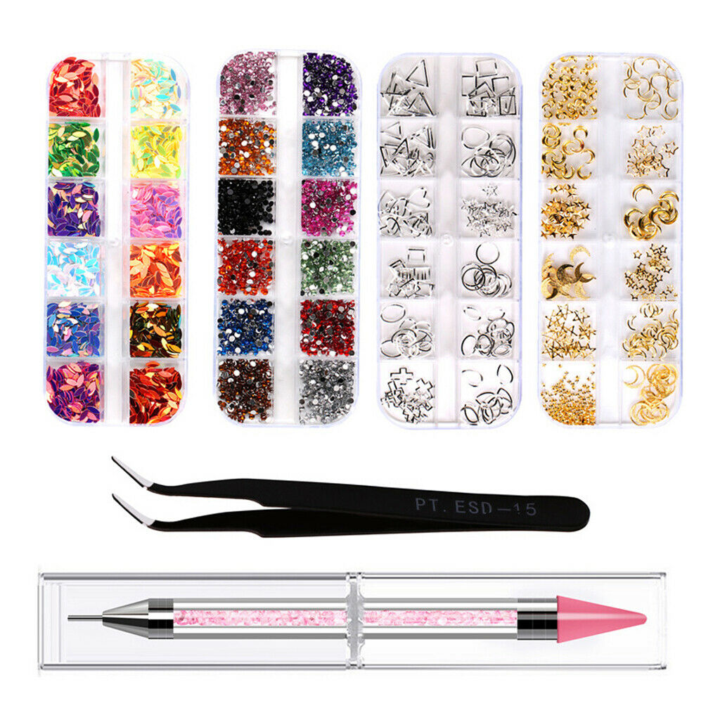 Nail Art Kit Crystals Rhinestones Charms Glitter Beads With Tweezers