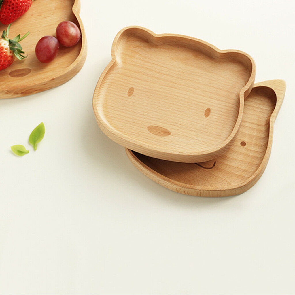 Natural Wooden Kids Plate Baby Feeding Set Includes Bear Cat Shape Animal Wood