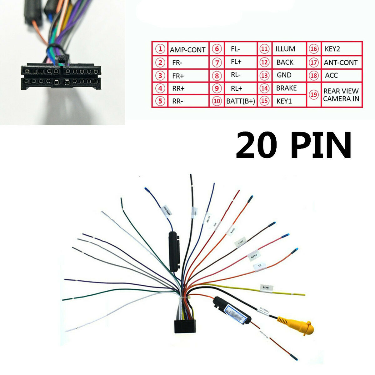 20 PIN Wiring Harness for 1 Din or 2 Din Car Stereo DVD Standard Audio System