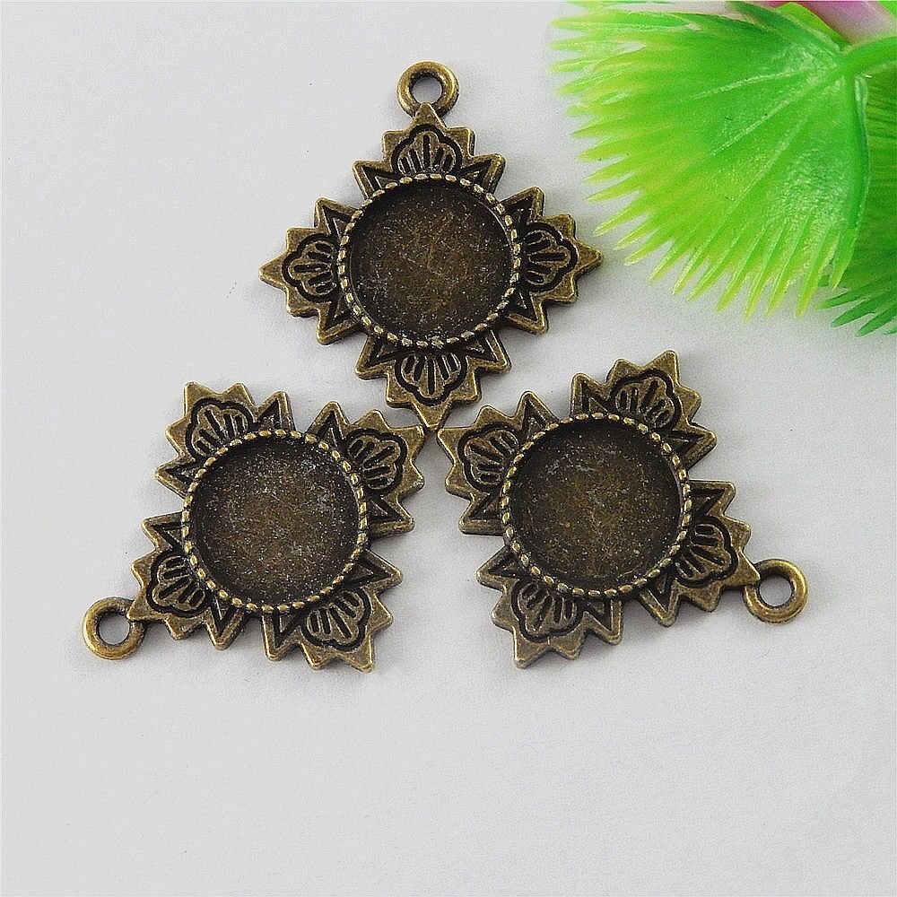20 pcs Antiqued Bronze Base Setting Round 12mm Flower Bezel Pendant Alloy Crafts