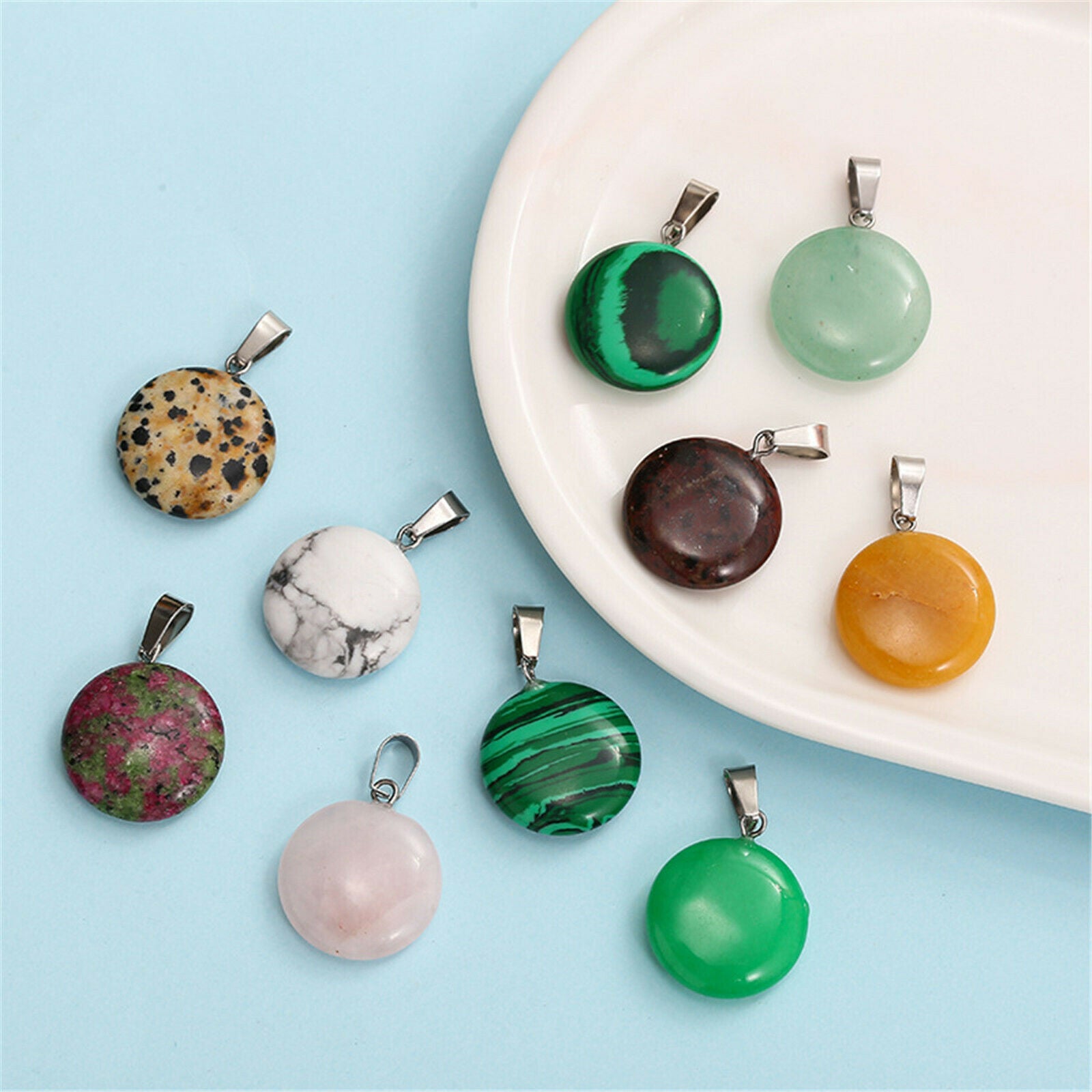 10PCS Multi-Colors Manmade Round Stone Pendant Charms for Jewelry DIY Making