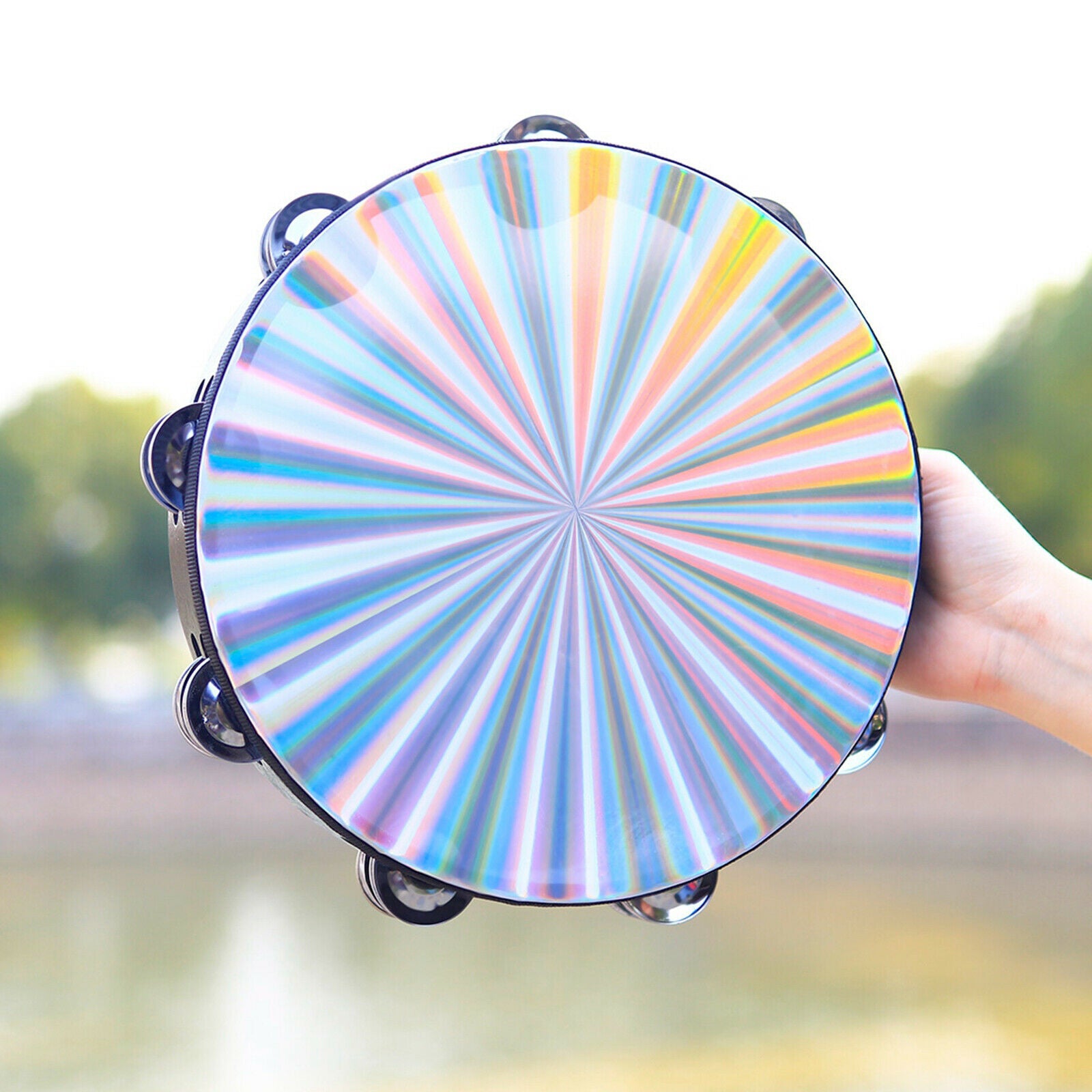 10Inch Wooden Radiant Tambourine Handbell Hand Drum Double Row Jingles Drum Head