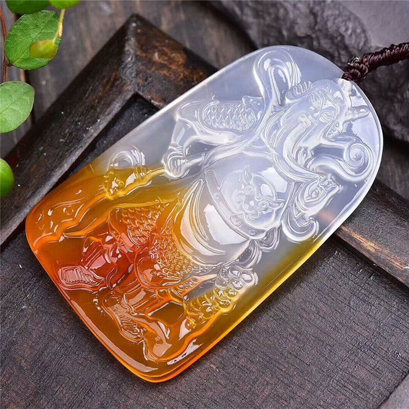 Beautiful China Natural White/Yellow Agate Chalcedony GuanYu Hand-Carved Pendant