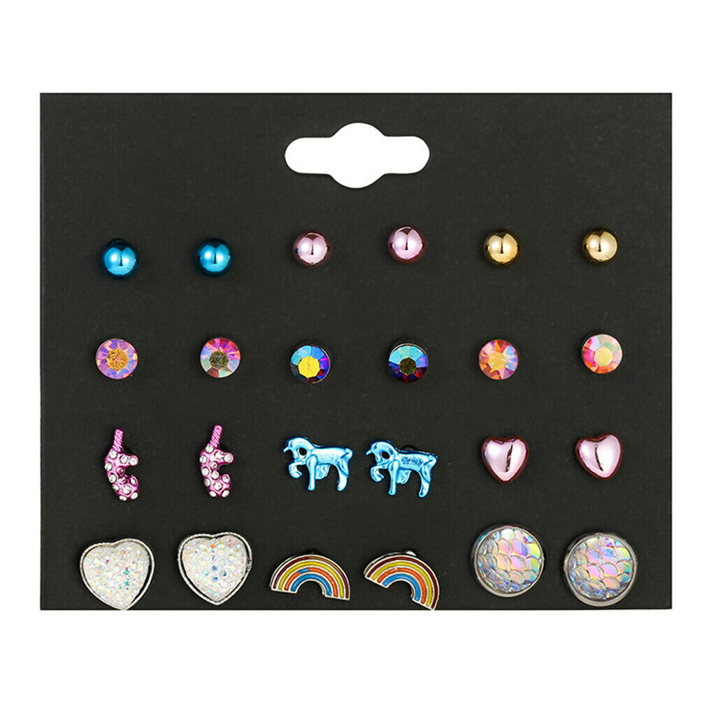 12 Pairs Set Girls Cute Animals Heart Rainbow Unicorn Stud Earrings Set