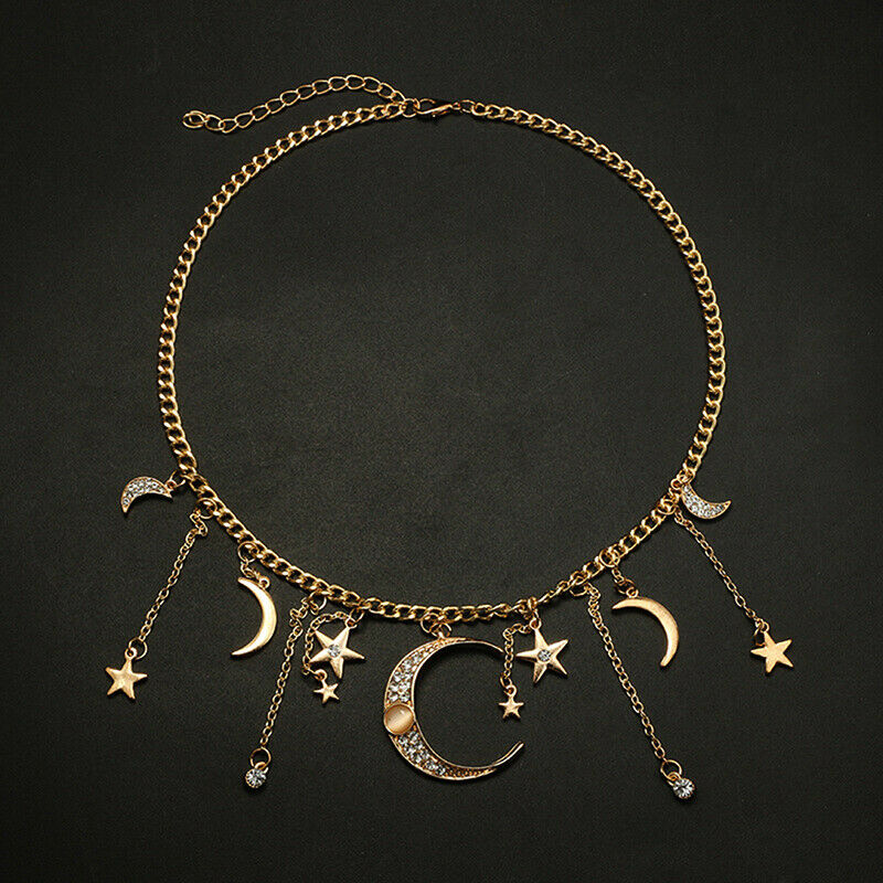 Fashion Star Moon Pendant Tassel Necklace Shiny Crystal Choker Women Jewe.l8