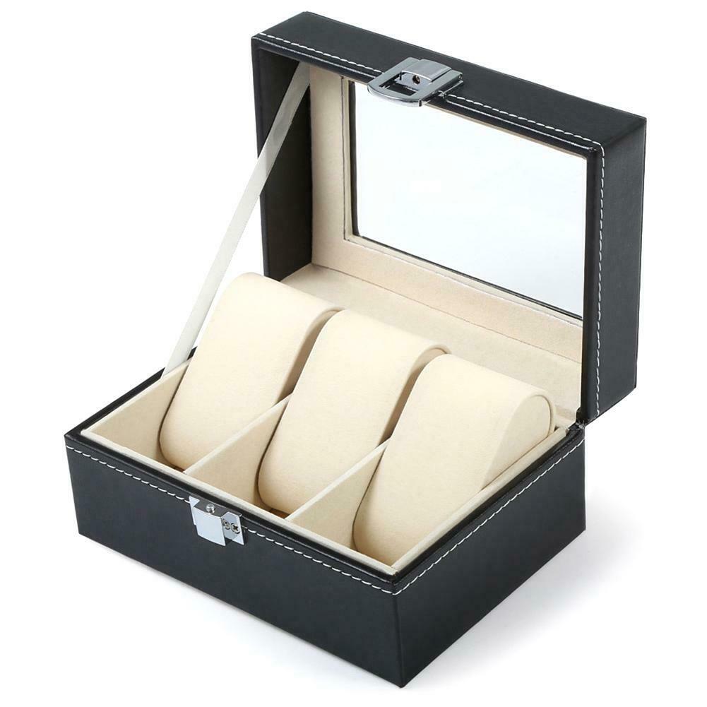 3 Slots Leather Watch Box Jewelry Bracelet Case Holder Necklace Organizer @