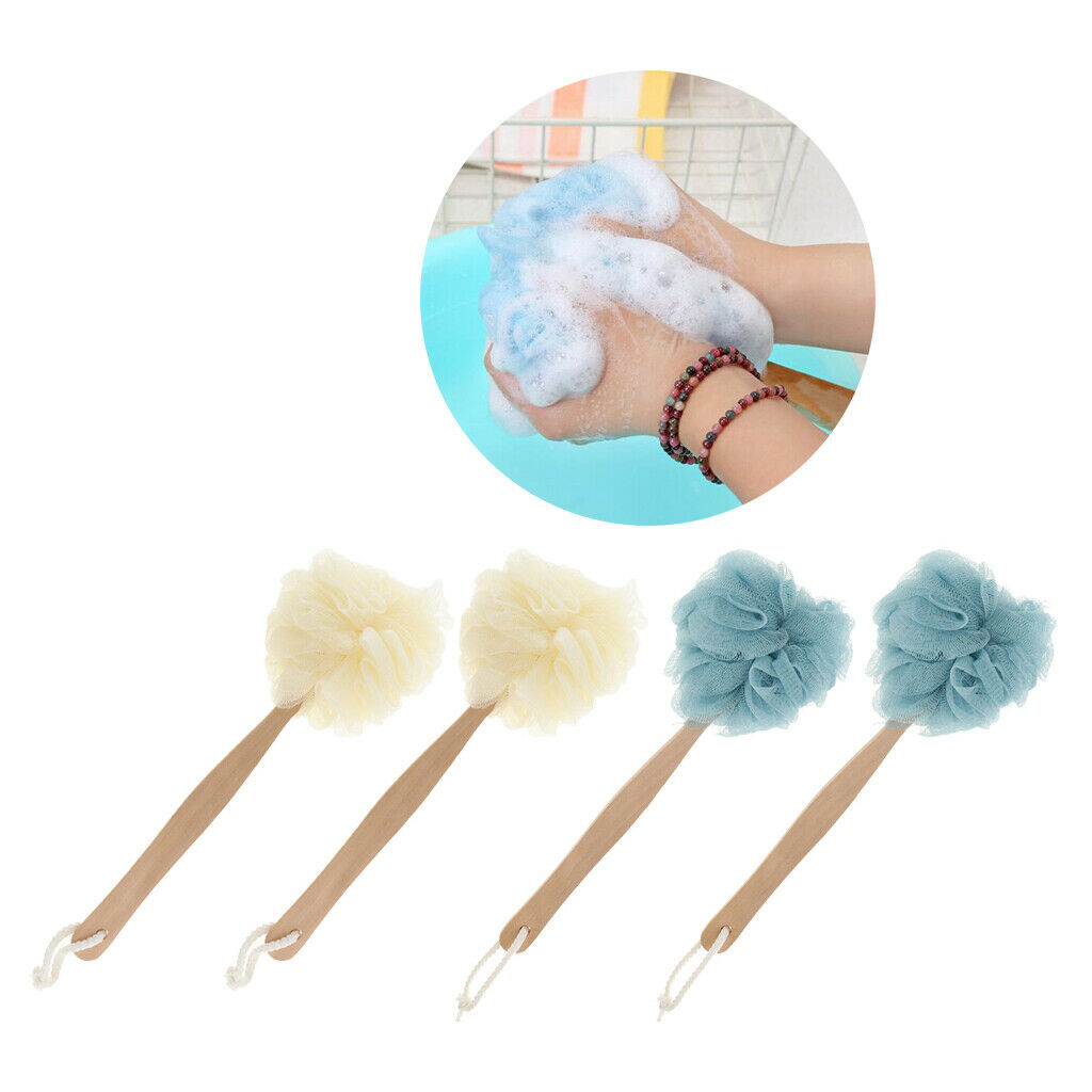 4x Long Handle Shower Body Brush Sponge Scrunchie Back Scrubber Exfoliator