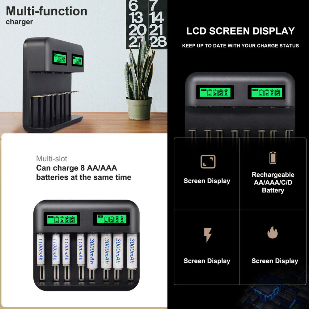 8 Slots LCD Display Usb Smart Battery Charger For D/C/AA/AAA Size Rechargeable