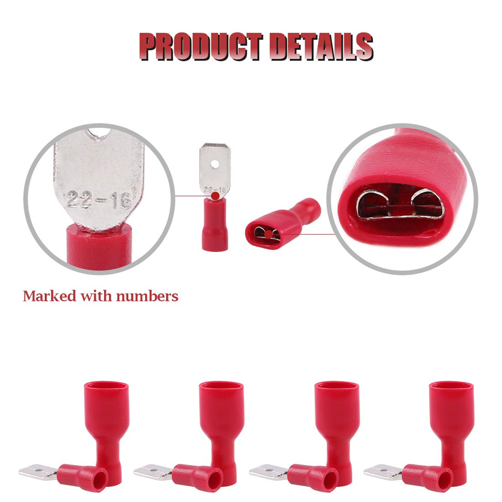 200PCS Red Male Female Vinyl Insulated Spade Wire Connector Terminals 22-16AWG