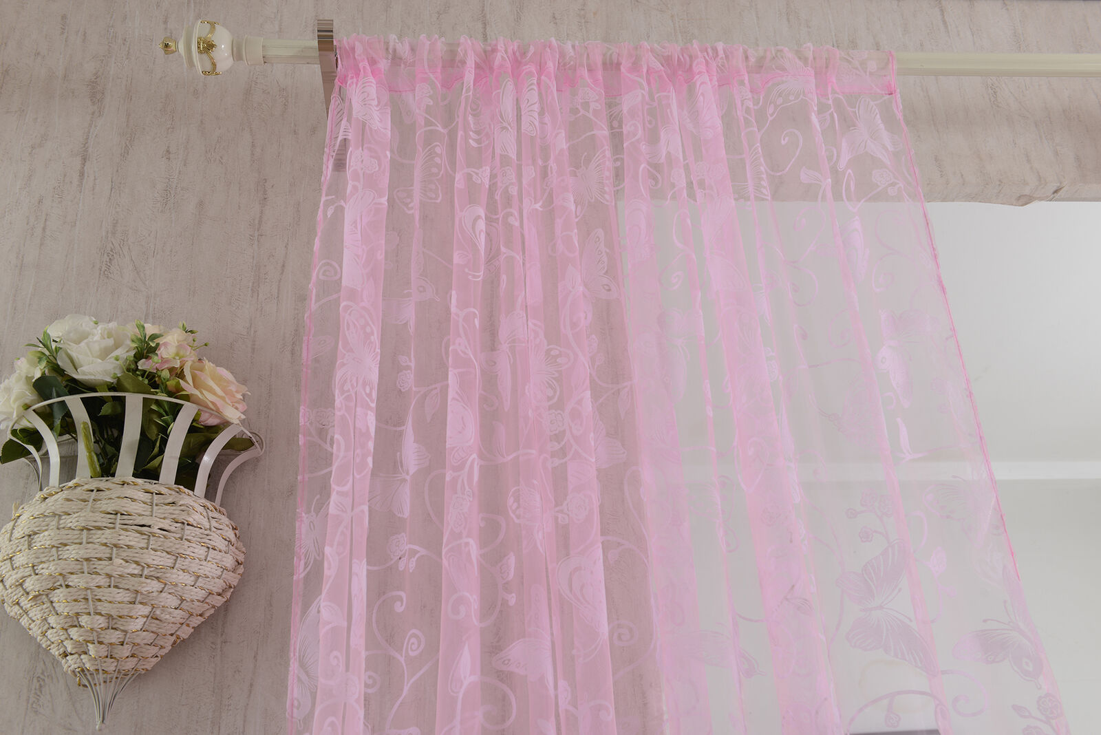 Floral & Butterfly Embroidered Sheer Curtains Rod Pocket Curtains for Girls Room