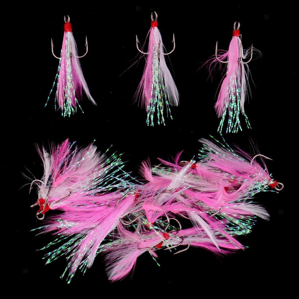 20pcs Feather Fishing Hooks Treble Barbed Squid Fly Tying Lures Baits SZ008