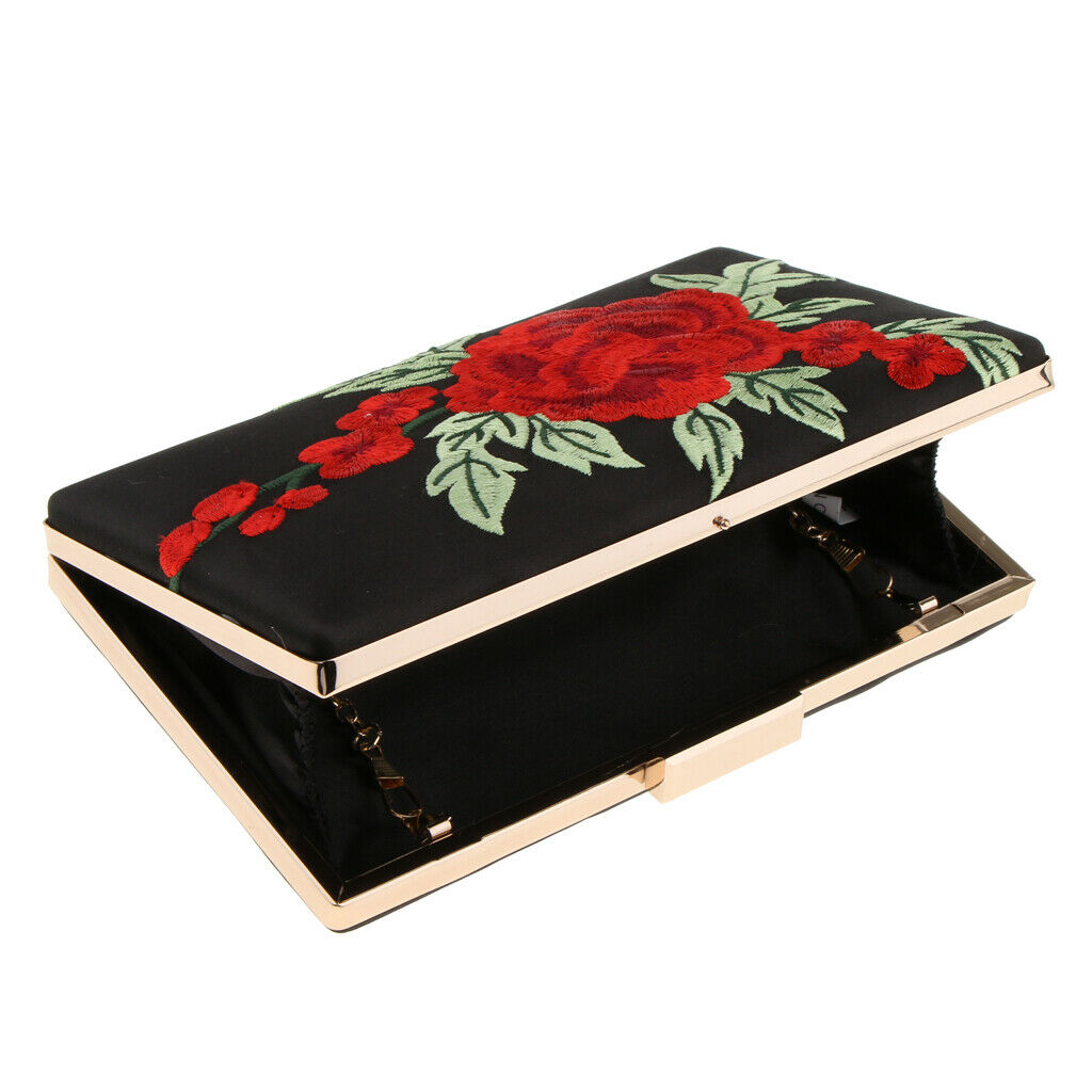 Elegant Embroidered Rose Flower Shoulder Chain Bag Evening Prom Clutch Purse