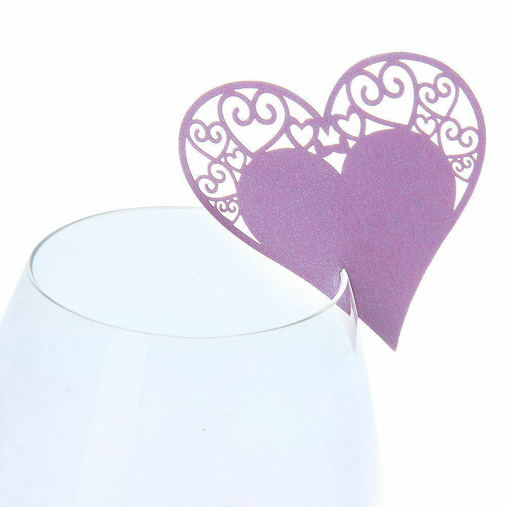 50 Wedding Table Wine Glass Decor Party Place Card Heart Shape Purple