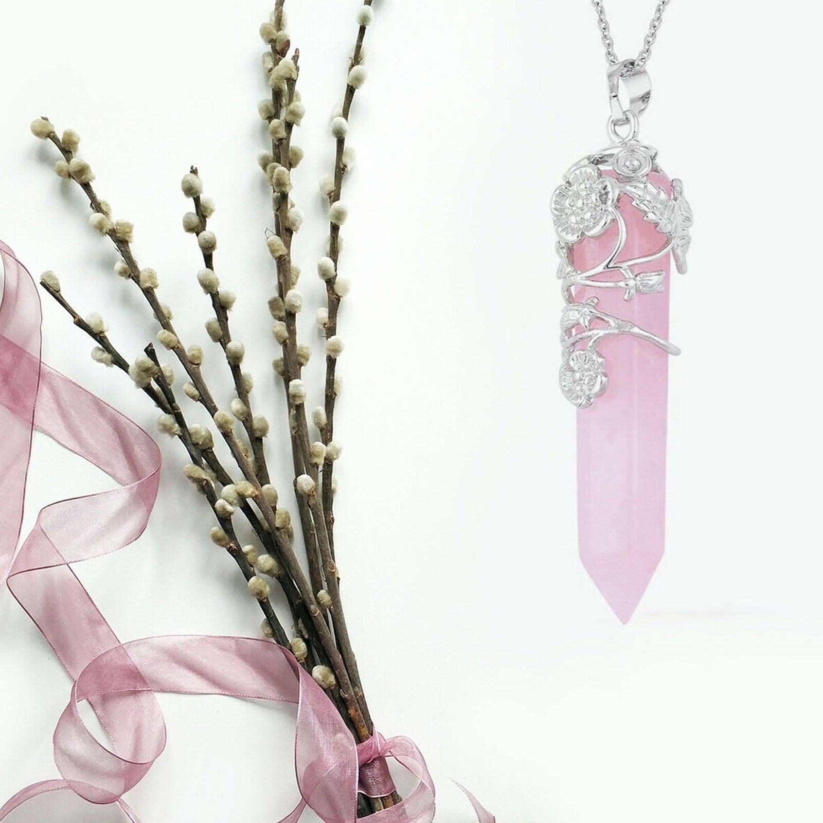 Rose Quartz Pendant Necklace Jewelry Gifts Size 24'' Ct 30 Steel