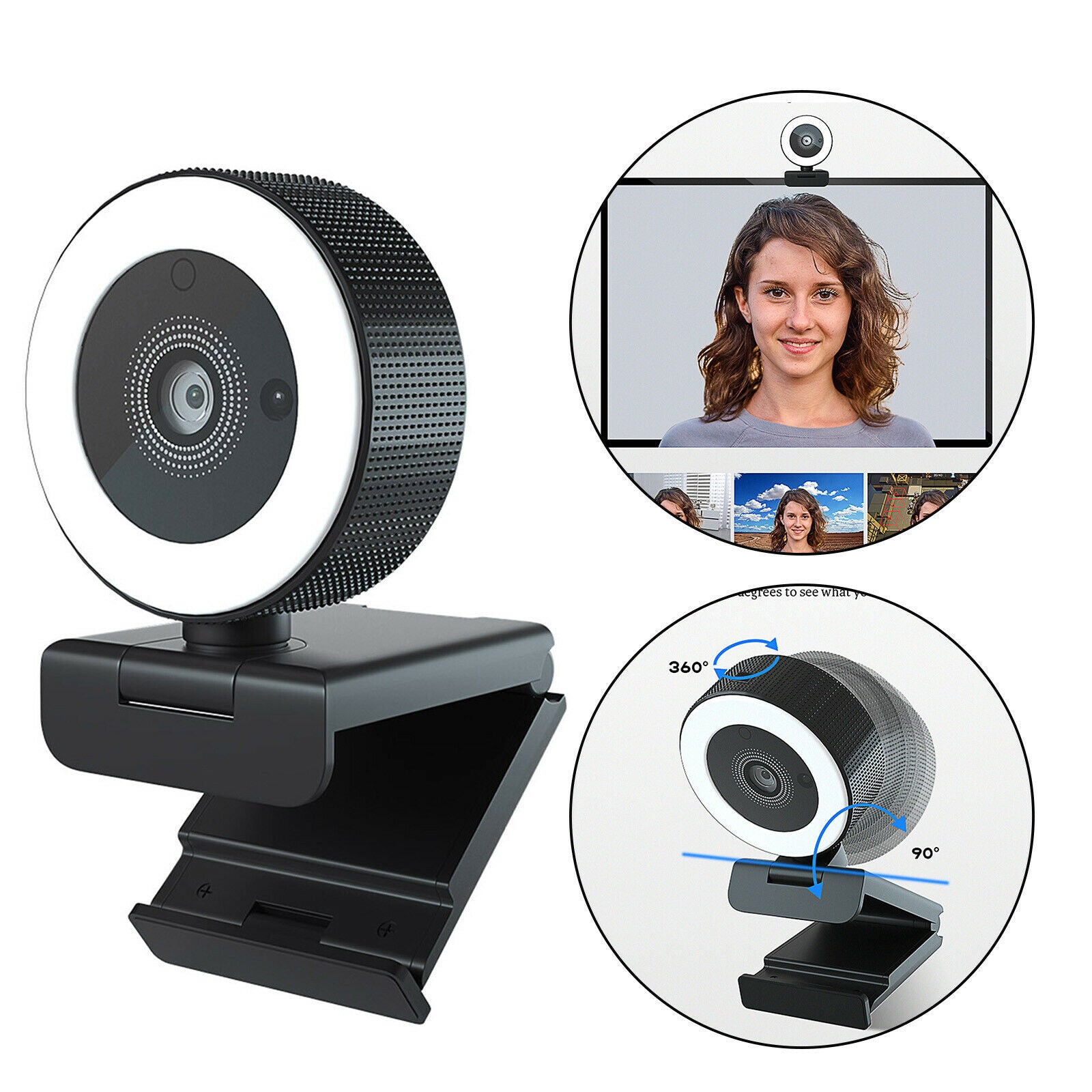 Full HD Web Camera Webcam w/Ring Light Mic Computer Camera for Laptop PC