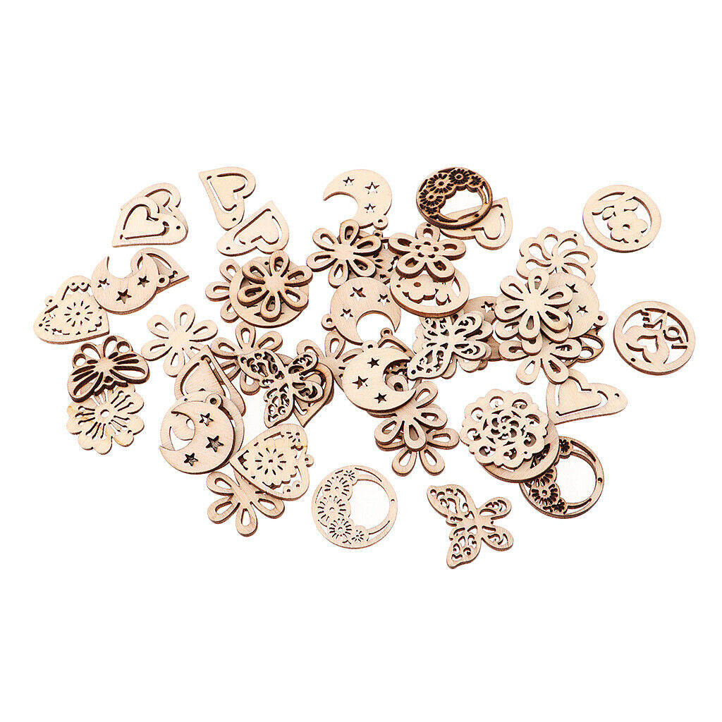 50 Pieces Mixed Wooden Cutout Butterfly Flowers Heart Moon Shapes Embellishments