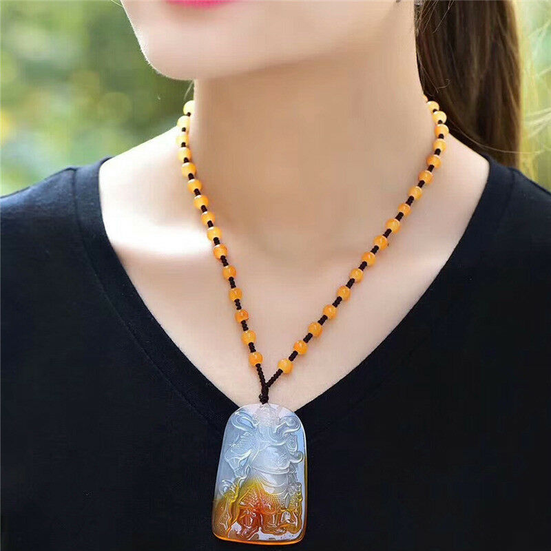 Beautiful China Natural White/Yellow Agate Chalcedony GuanYu Hand-Carved Pendant