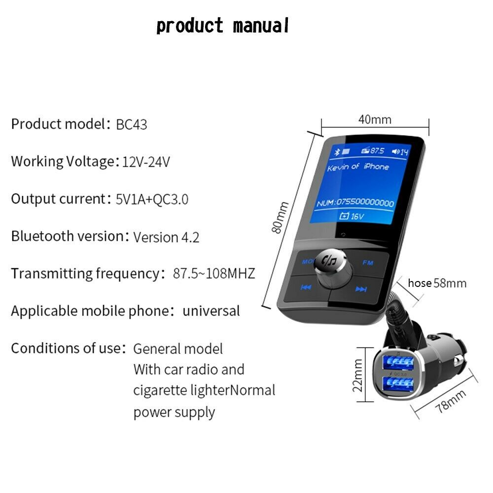 1.8Inch FM Transmitter Bluetooth Receiver Car Wireless MP3 Audio Adapter 2USB CA