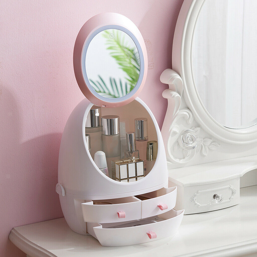 Makeup Jewelry Cosmetic Storage Case Organizer w/ LED Mirror for Dresser