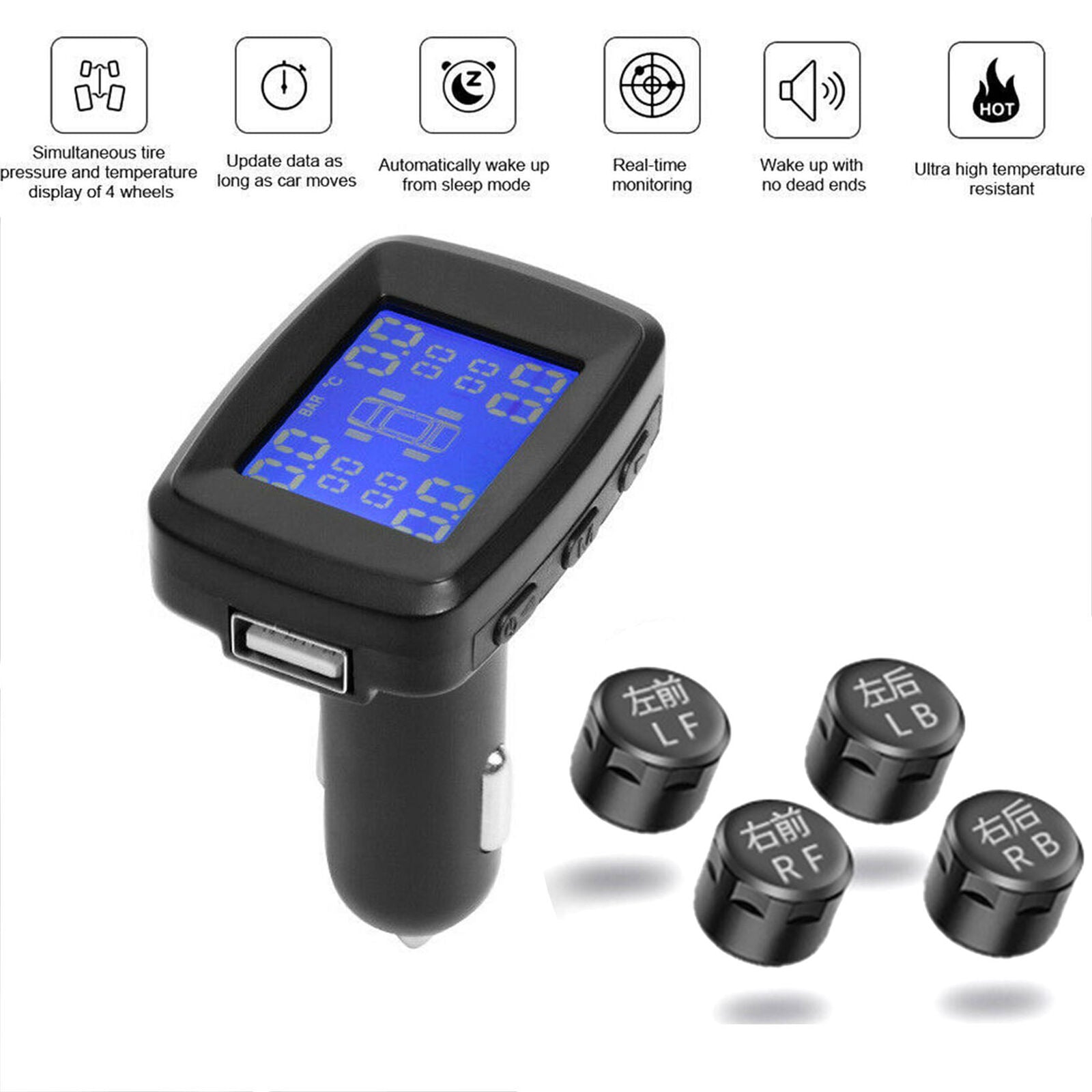 Digital Car Wireless TPMS Tire Pressure Monitoring System w/ 4 External Sensors
