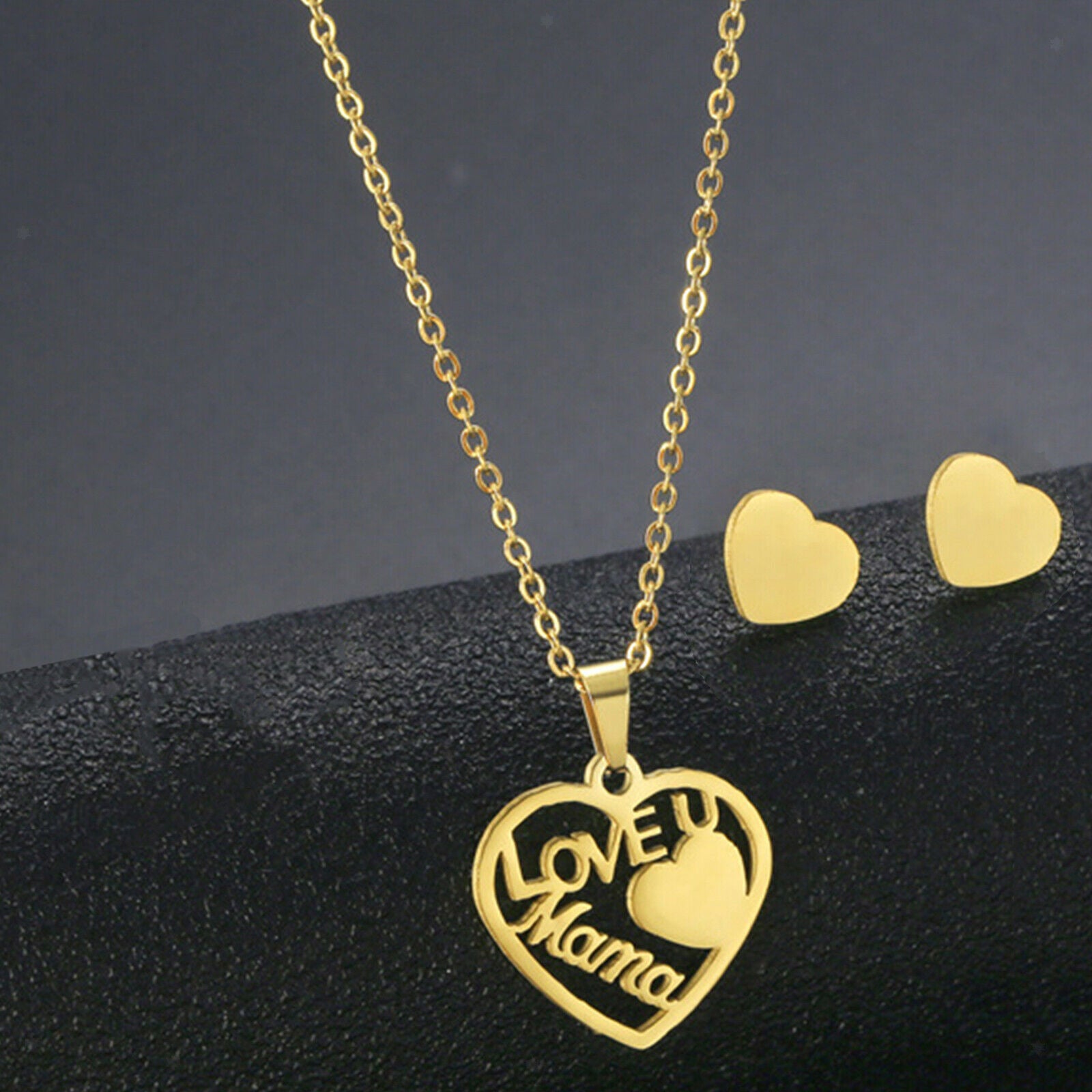 Love Mom Heart Pendant Necklace with 2 Ear Stud Earrings Stainless Steel