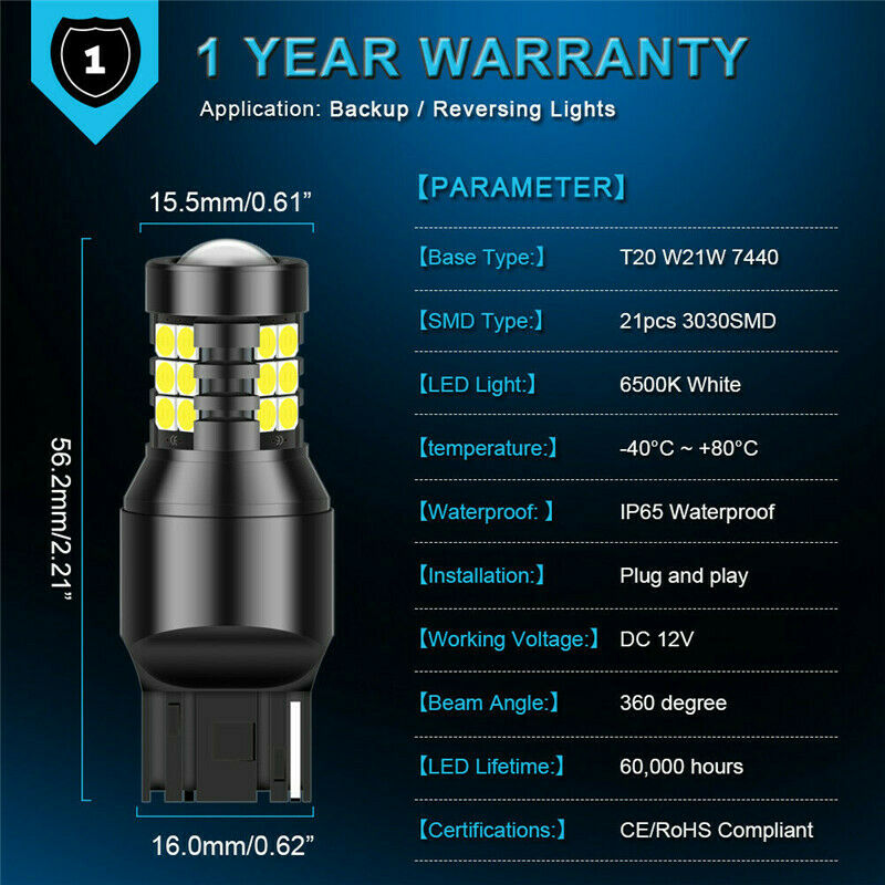 2Pcs T20 7440 W21W LED Rear Reverse Llght Canbus Error-free Backup Bulb 6000K