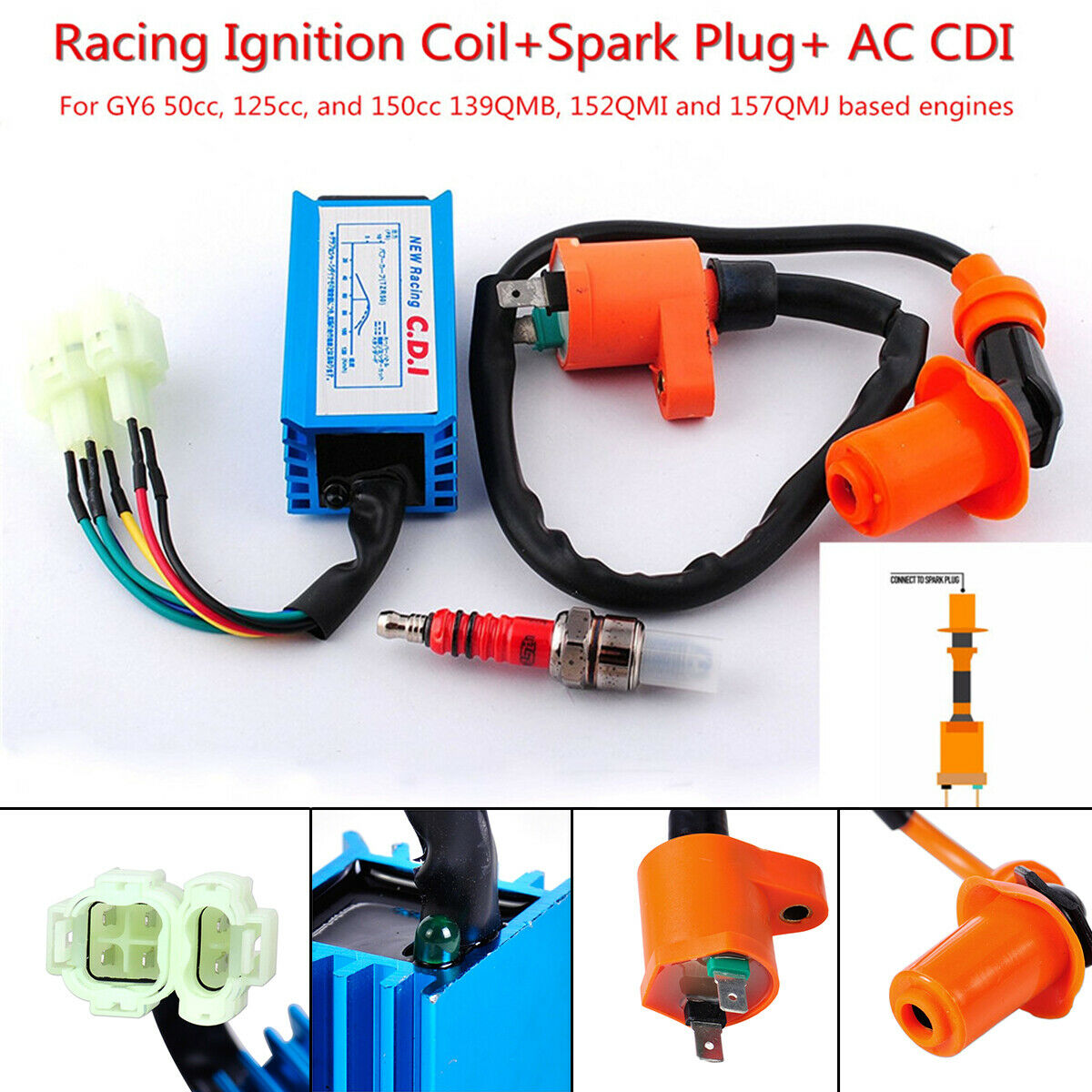 Ignition Coil+Spark Plug+AC CDI Box For Gy6 Scooter Go Kart 150cc 125cc 50cc ATV