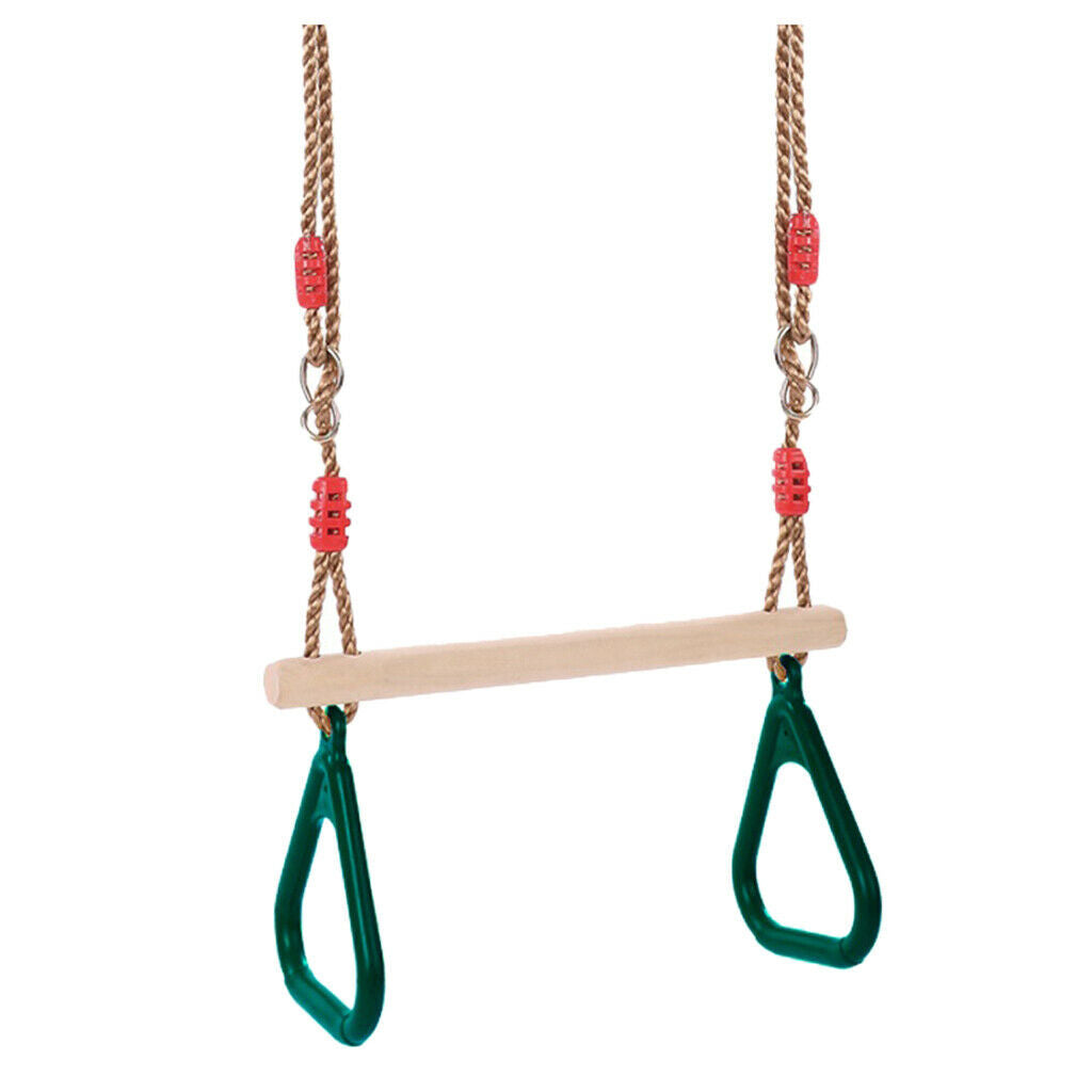 Children Playground Wooden Trapeze Swing with Triangular Gym Rings Fun Green
