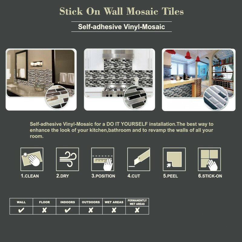 White Grey Marbles Mosaic Brick Peel and Stick Wall Tile Self-adhesive StickeDD