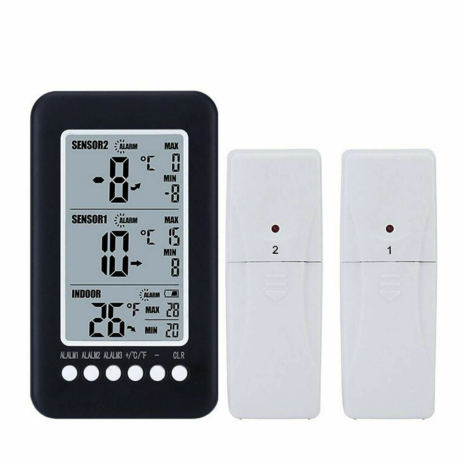 Wireless Freezer Fridge LCD Digital Thermometer Alarm Weather Station + 2 Sensor