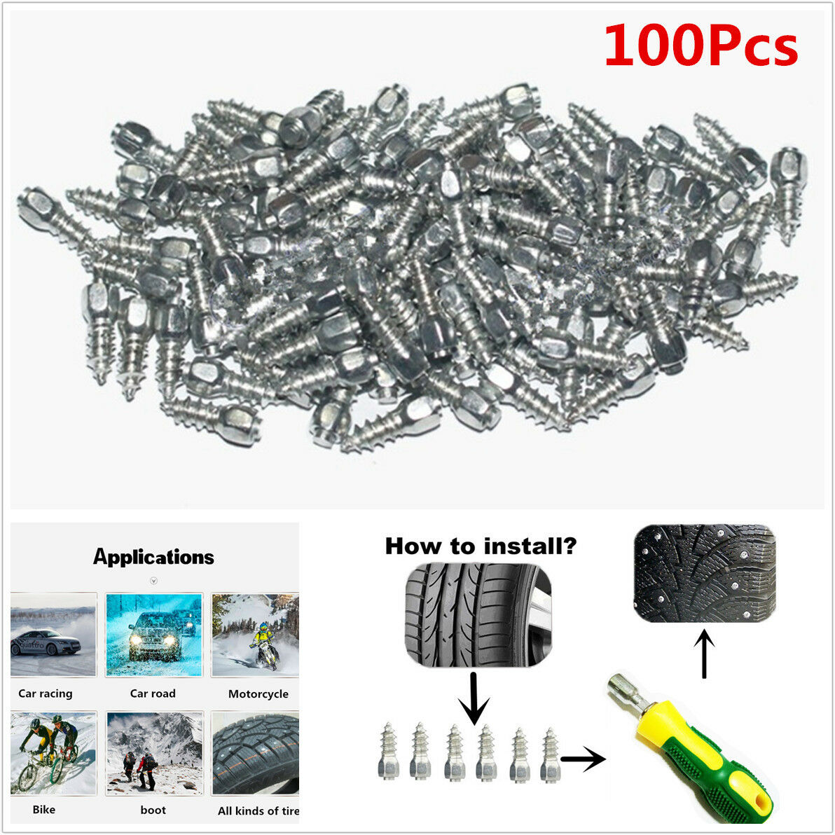 100Pcs 15mm Screw in Tire Stud Snow Spikes Wheel Tyres Snow Chains + Sleeve Tool