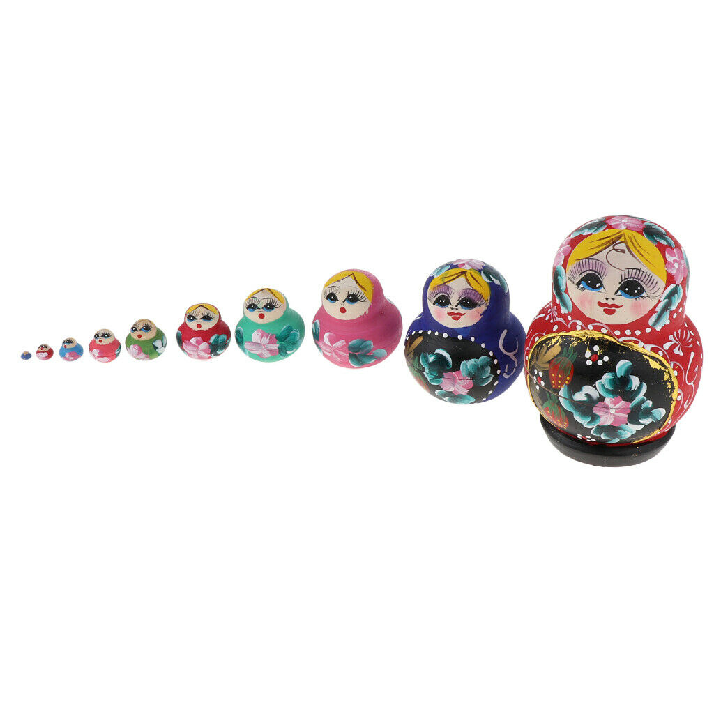 Set of 10 Pieces Hand Painted Colorful Girls Russian Babushka Matryoshka Nesting